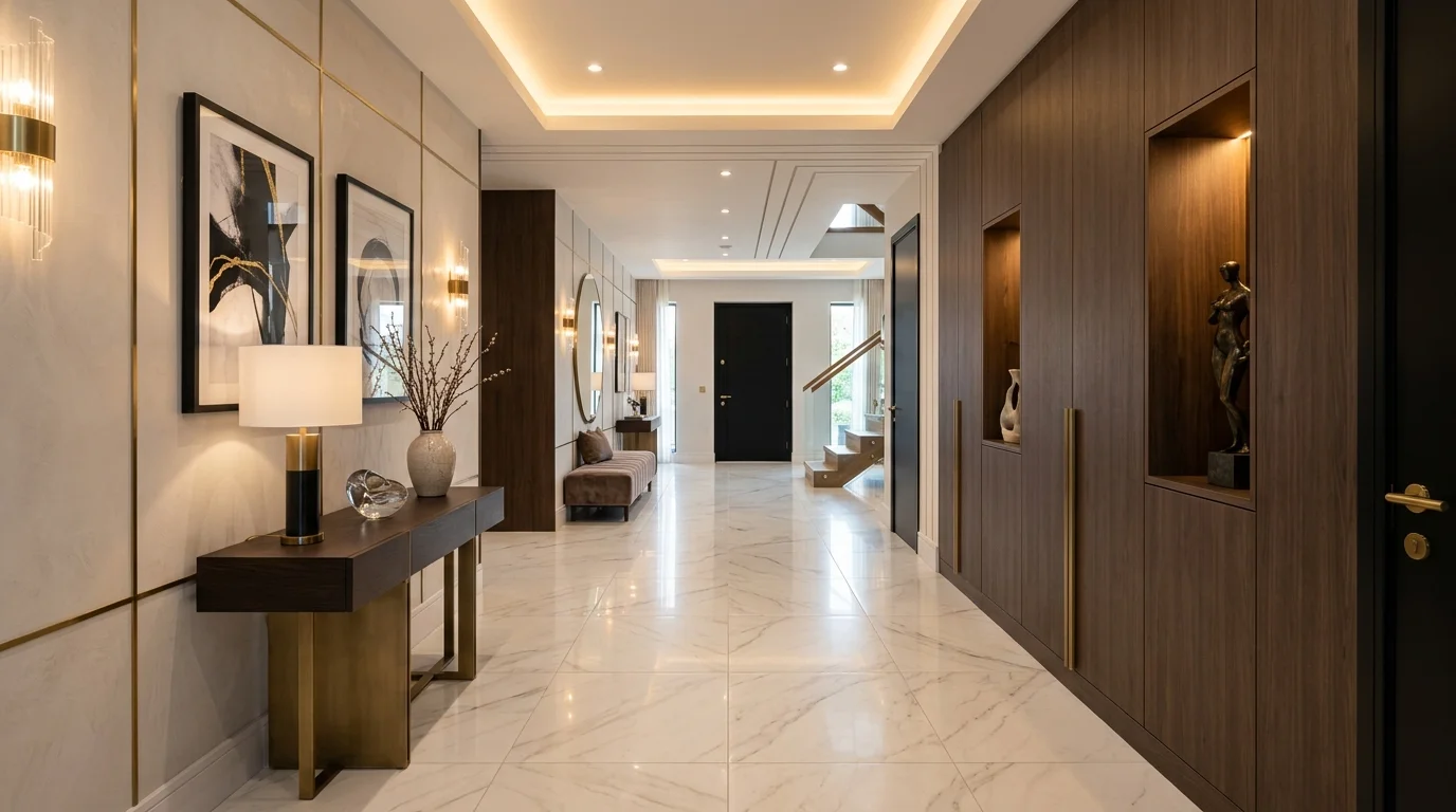 Pavimento moderno con grandi lastre ceramiche effetto marmo calacatta lucido in un elegante corridoio di lusso