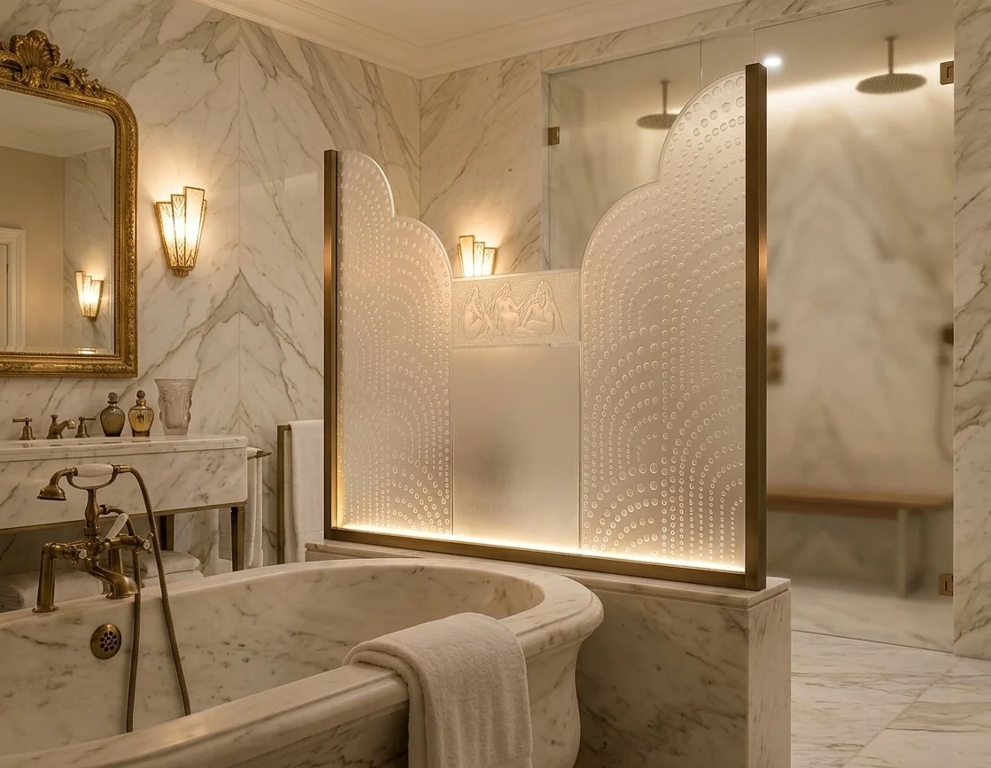 Parete decorativa in vetro artistico in ambiente bagno moderno