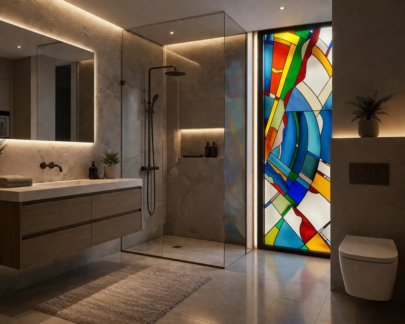 Elemento decorativo in vetro artistico inserito in un bagno moderno
