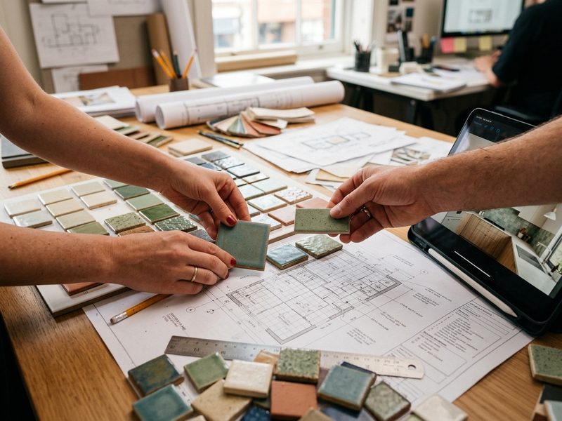 close-up hands selecting ceramic tile samples on technical drawing table, blueprint and tablet visible, warm studio lighting