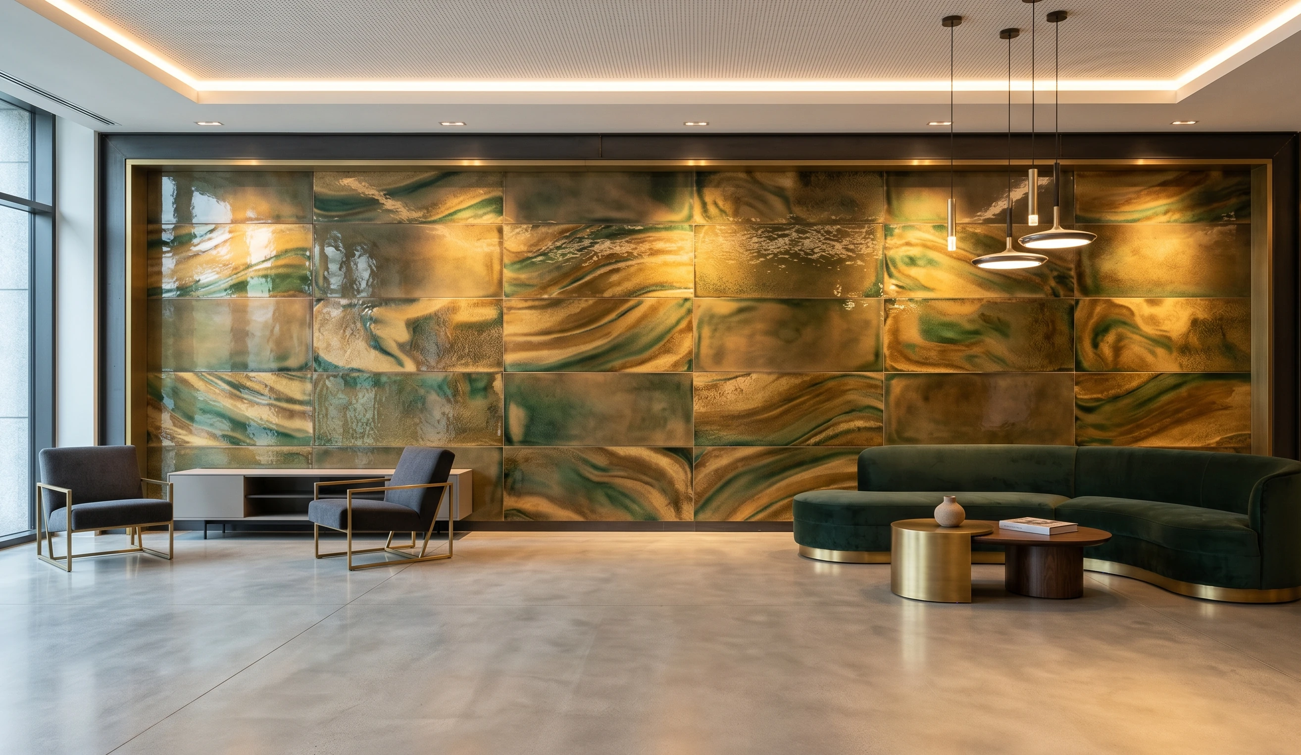 Pannelli e superfici in ceramica artistica di grande formato integrati in una hall di hotel di lusso