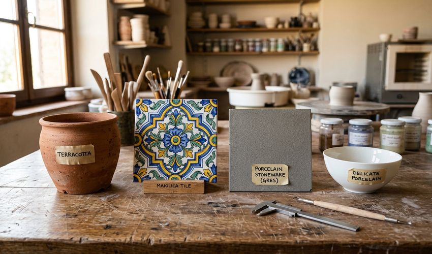Diversi oggetti e materiali ceramici affiancati: terracotta, maiolica, gres, porcellana