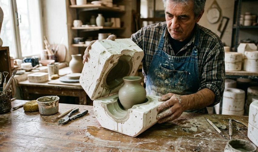 Stampo di gesso aperto con pezzo ceramico ottenuto per colaggio