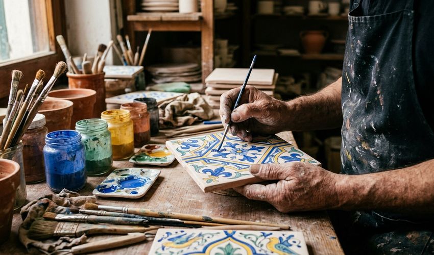 Decorazione a mano di un pezzo ceramico con pennello e colori
