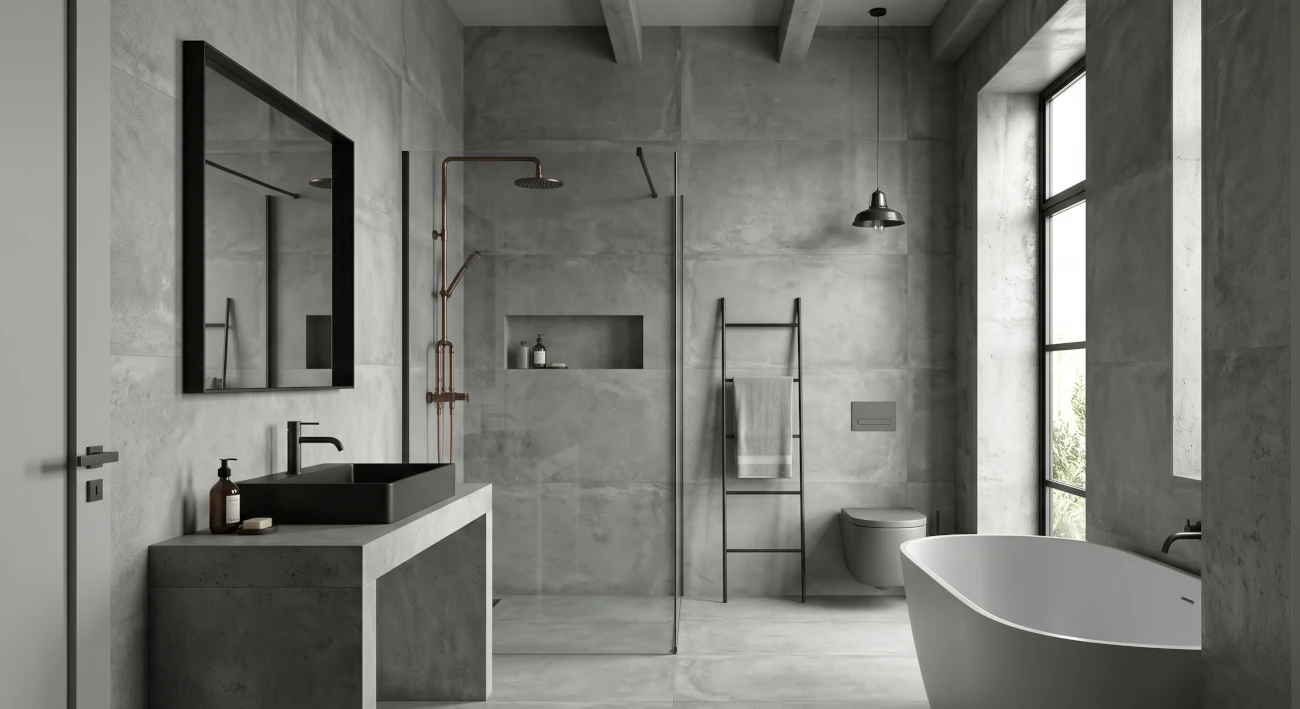 Bagno moderno con gres porcellanato effetto cemento grigio