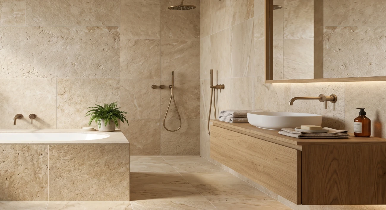 Parete bagno di design con piastrelle tridimensionali