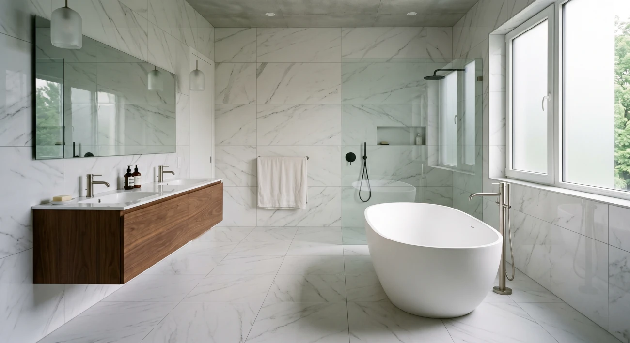 Bagno moderno con pavimento e rivestimento in gres porcellanato effetto marmo bianco grande formato