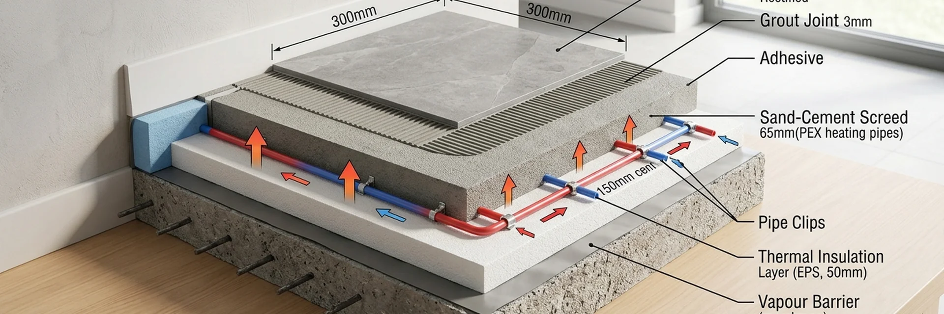 Sezione schematica di pavimento radiante con rivestimento in gres porcellanato
