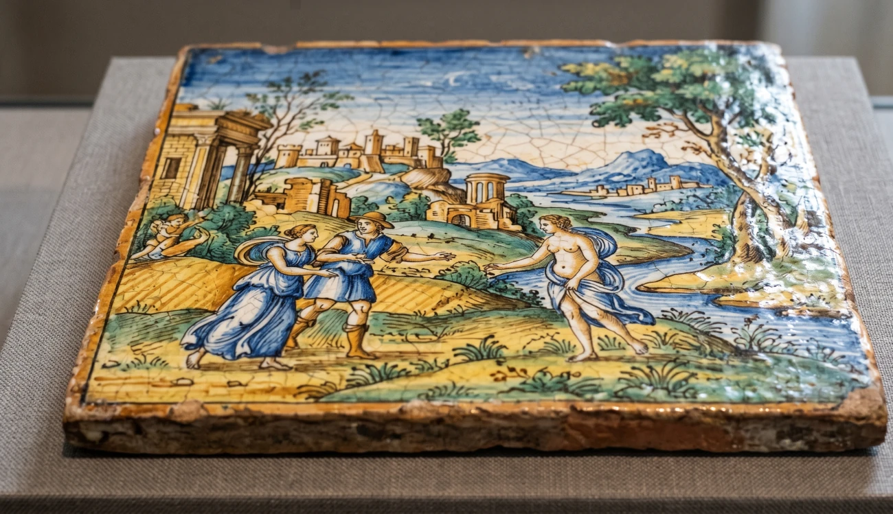 Particolare di una piastrella maiolicata istoriata di Castelli eseguita con la tradizionale tavolozza a comics cinque ossidi