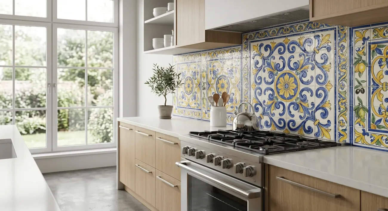 Paraschizzi cucina con monocottura smaltata decorata tipo maiolica mediterranea colorata
