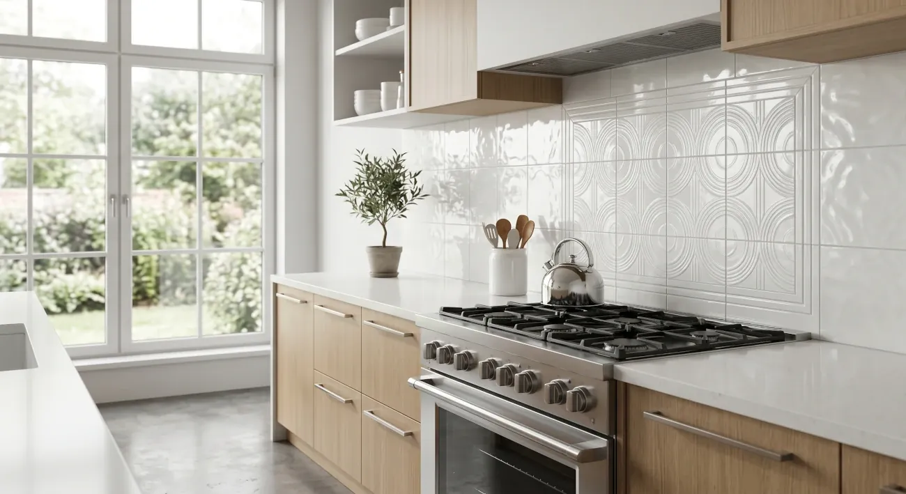 Cucina moderna con paraschizzi in monocottura ceramica decorata effetto mattonella hand made