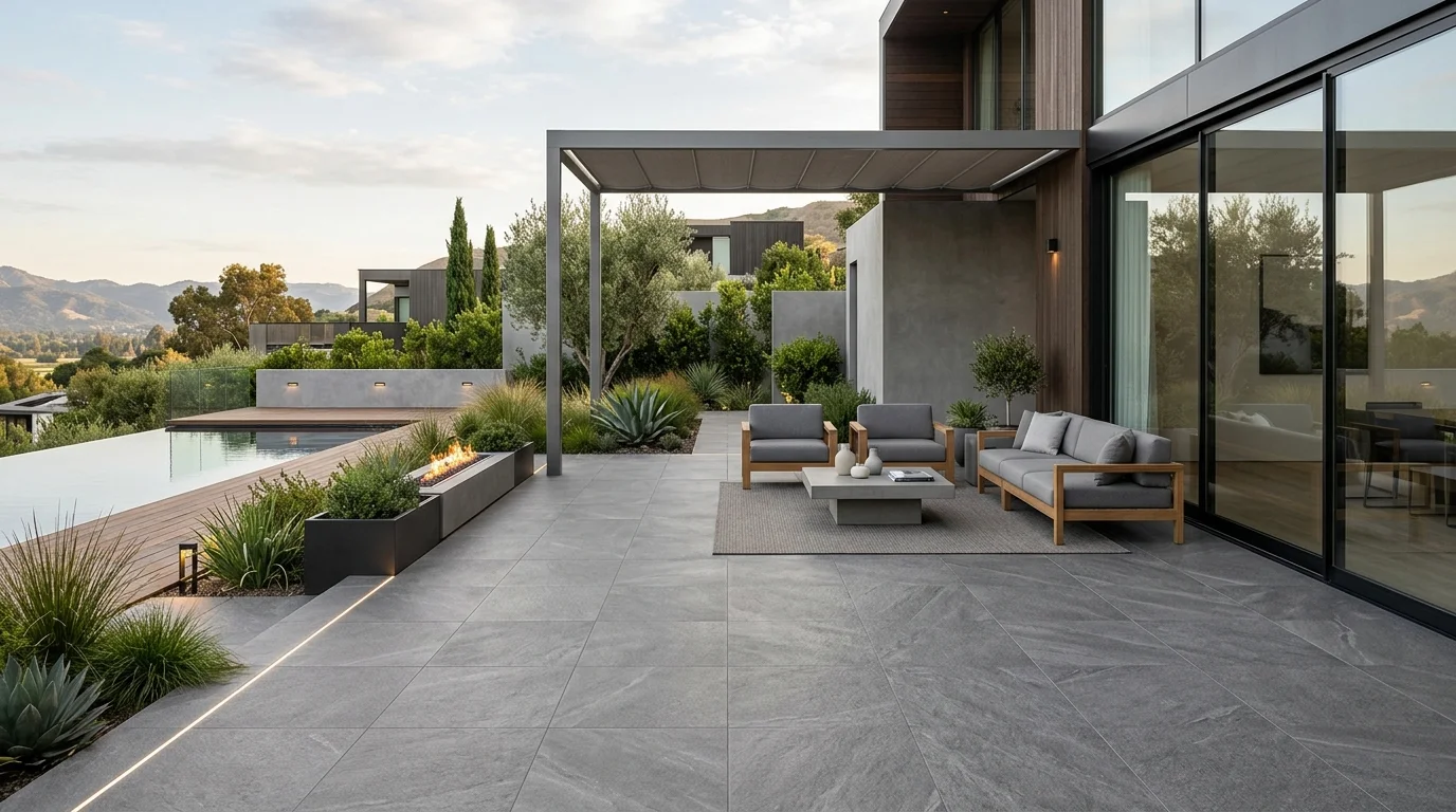 Pavimentazione per esterni di una terrazza contemporanea realizzata con piastrelle in gres porcellanato grigio effetto pietra naturale