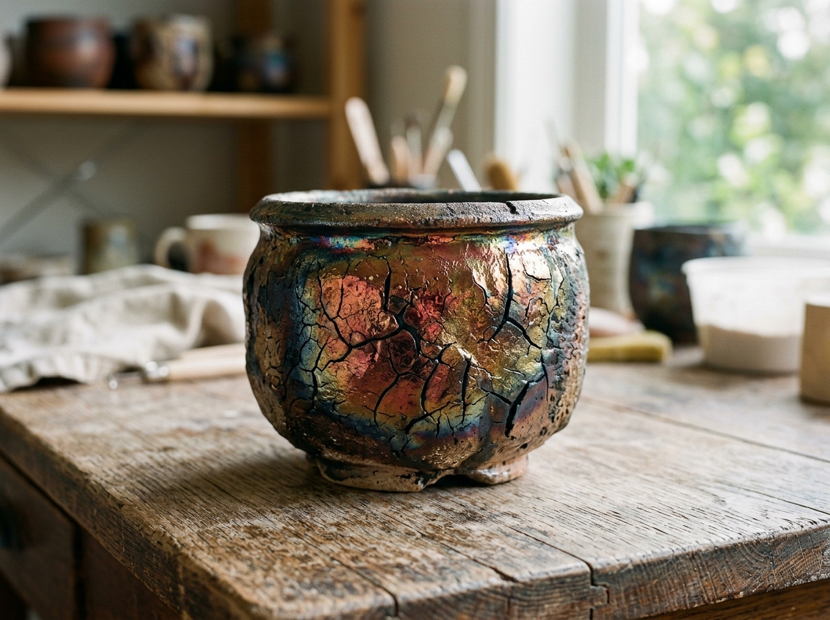 Vaso in Ceramica Raku con riflessi metallici e cavilli