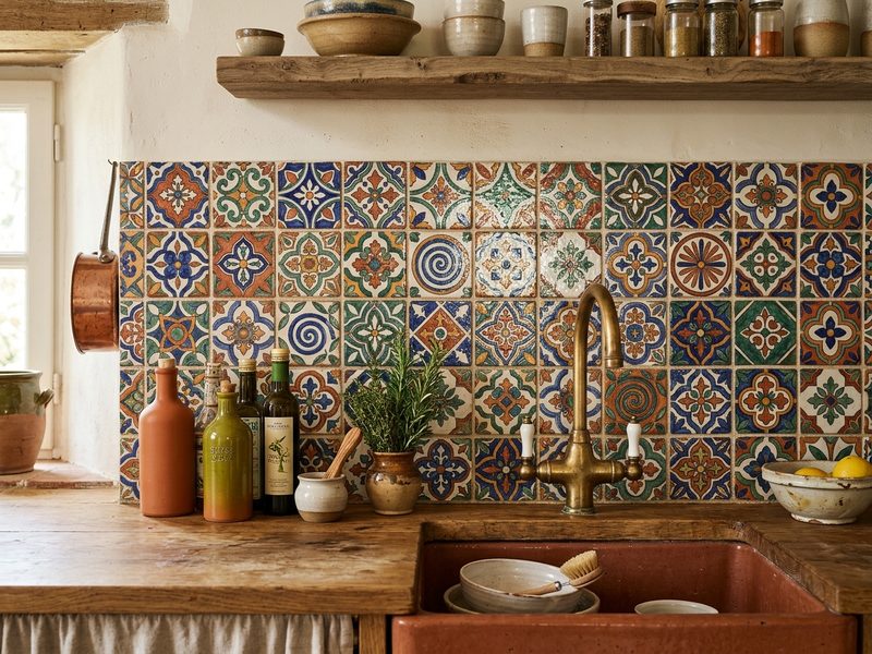 kitchen backsplash multicolor ceramic tiles, Mediterranean style